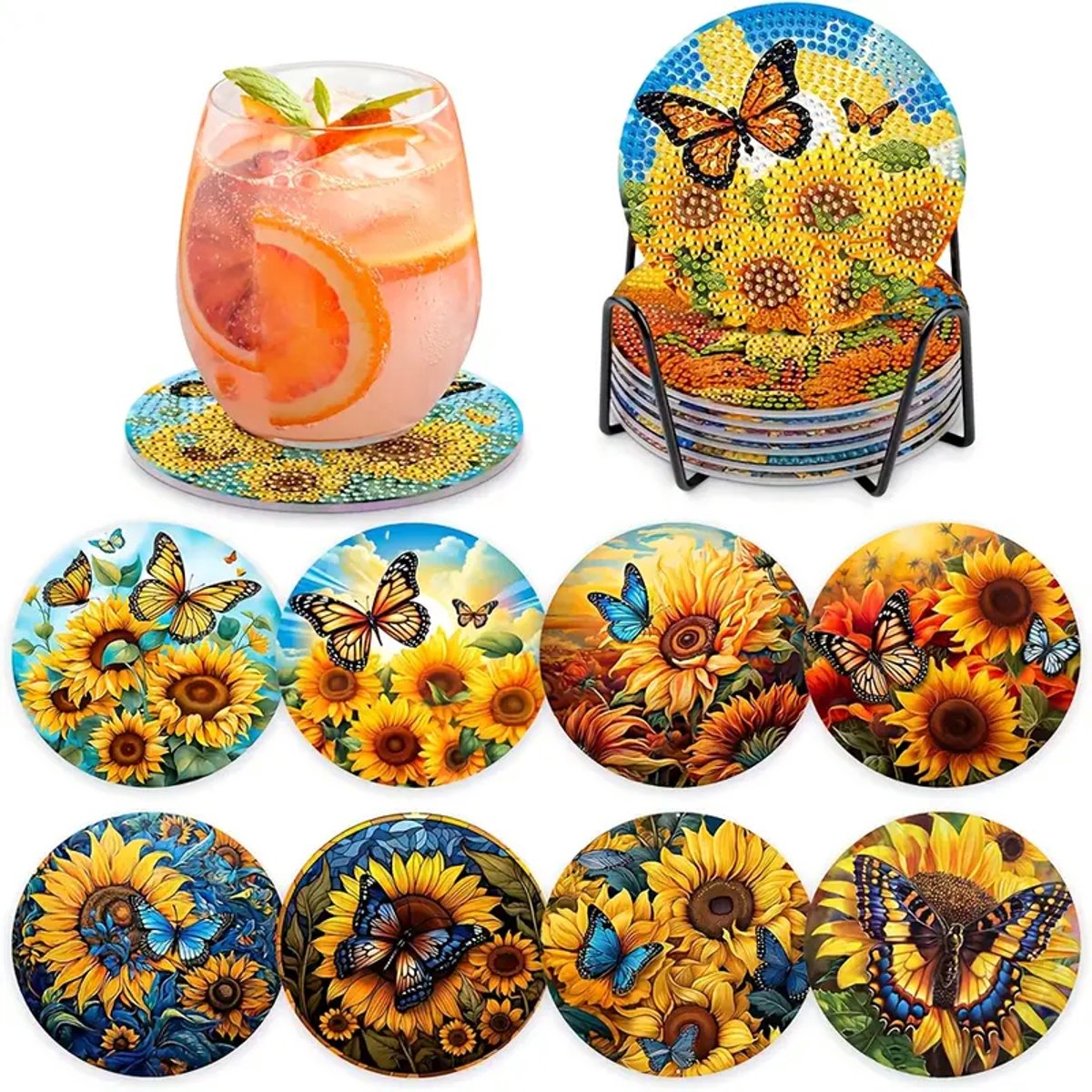 Diamond painting - onderzetters - zonnebloemen - vlinders - 8 stuks - ronde steentjes - volledig te beplakken
