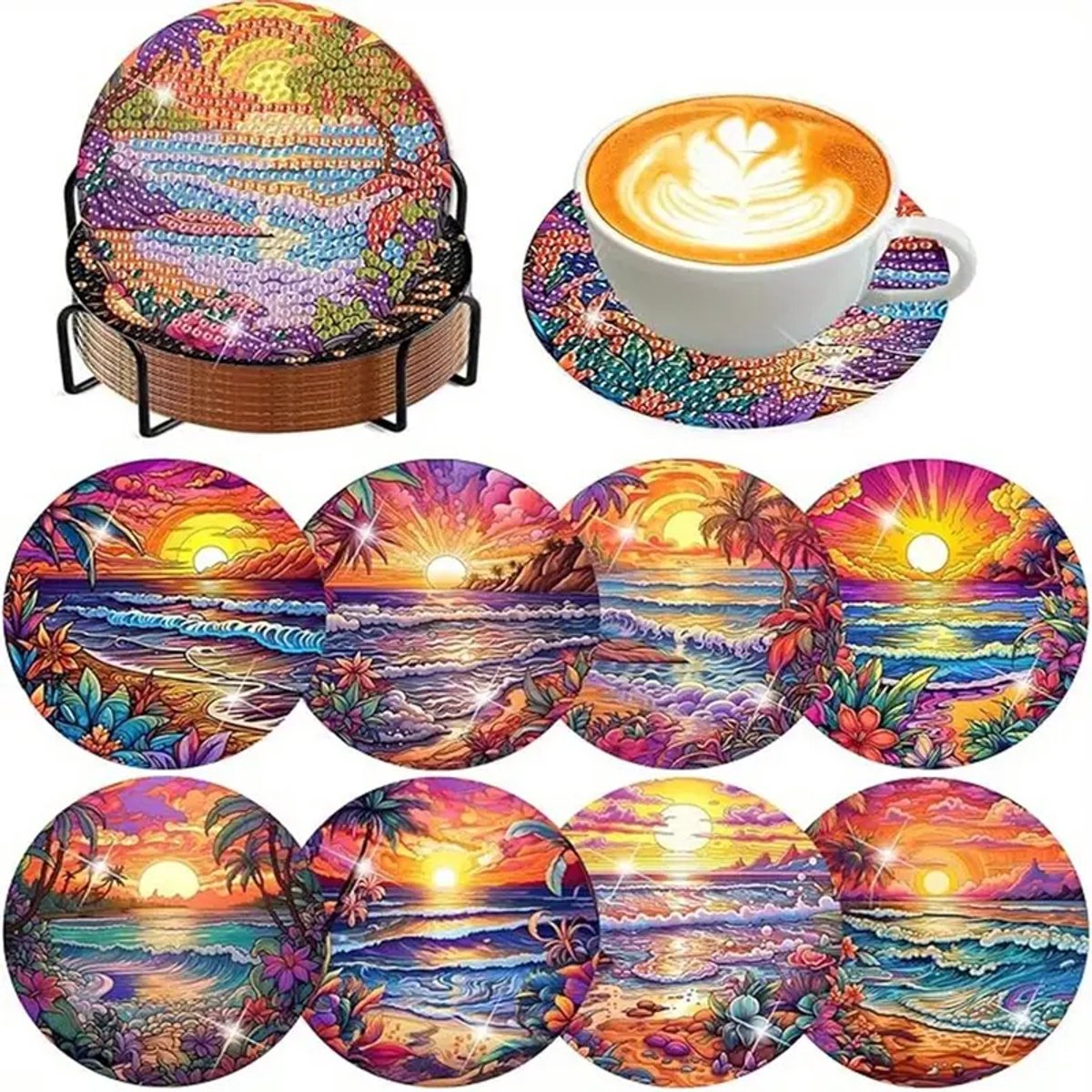 Diamond painting - onderzetters - zonsondergang - 8 stuks - ronde steentjes - volledig te beplakken