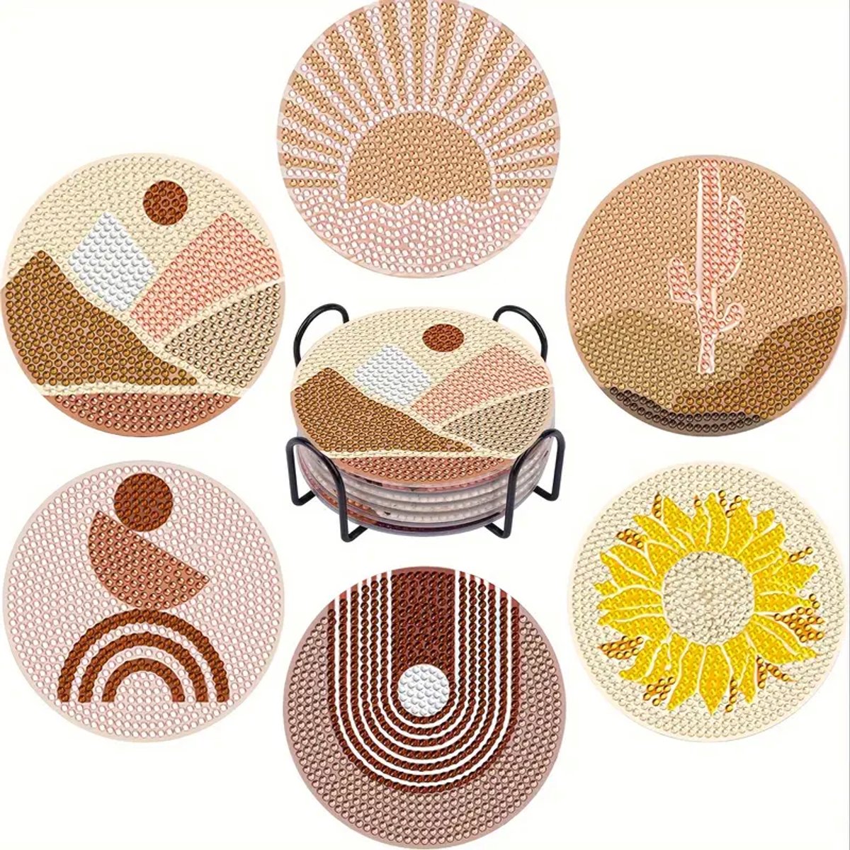 Diamond painting - onderzetters - zonsondergang - zonnebloem - zon - beige - 6 stuks - ronde steentjes - volledig te beplakken