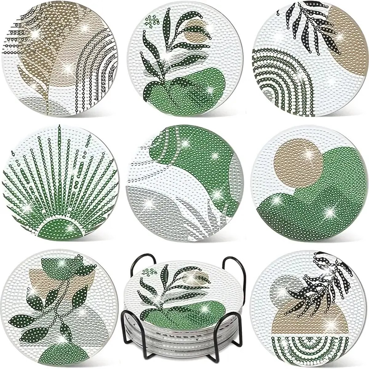 Diamond painting - planten - 8 stuks - 10x10cm - ronde steentjes - volledig te beplakken