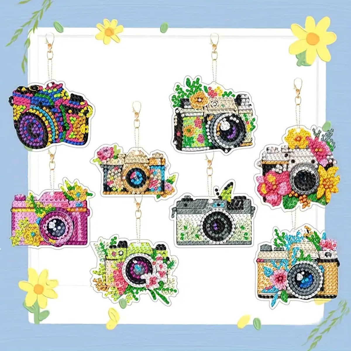 Diamond painting - sleutelhangers - cameras - 8 stuks - ronde steentjes - volledig te beplakken - dubbelzijdig te beplakken