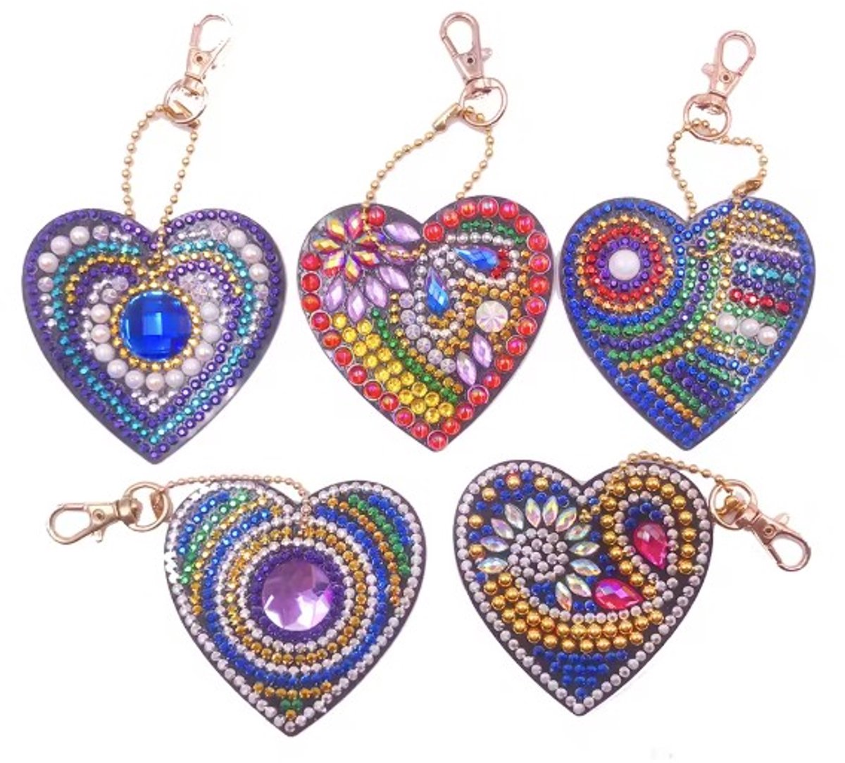 Diamond painting - sleutelhangers - hartjes - 5 stuks - ronde steentjes - volledig te beplakken - dubbelzijdig te beplakken