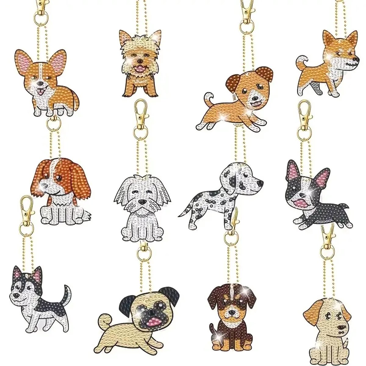 Diamond painting - sleutelhangers - honden - 12 stuks - ronde steentjes - volledig te beplakken - dubbelzijdig te beplakken