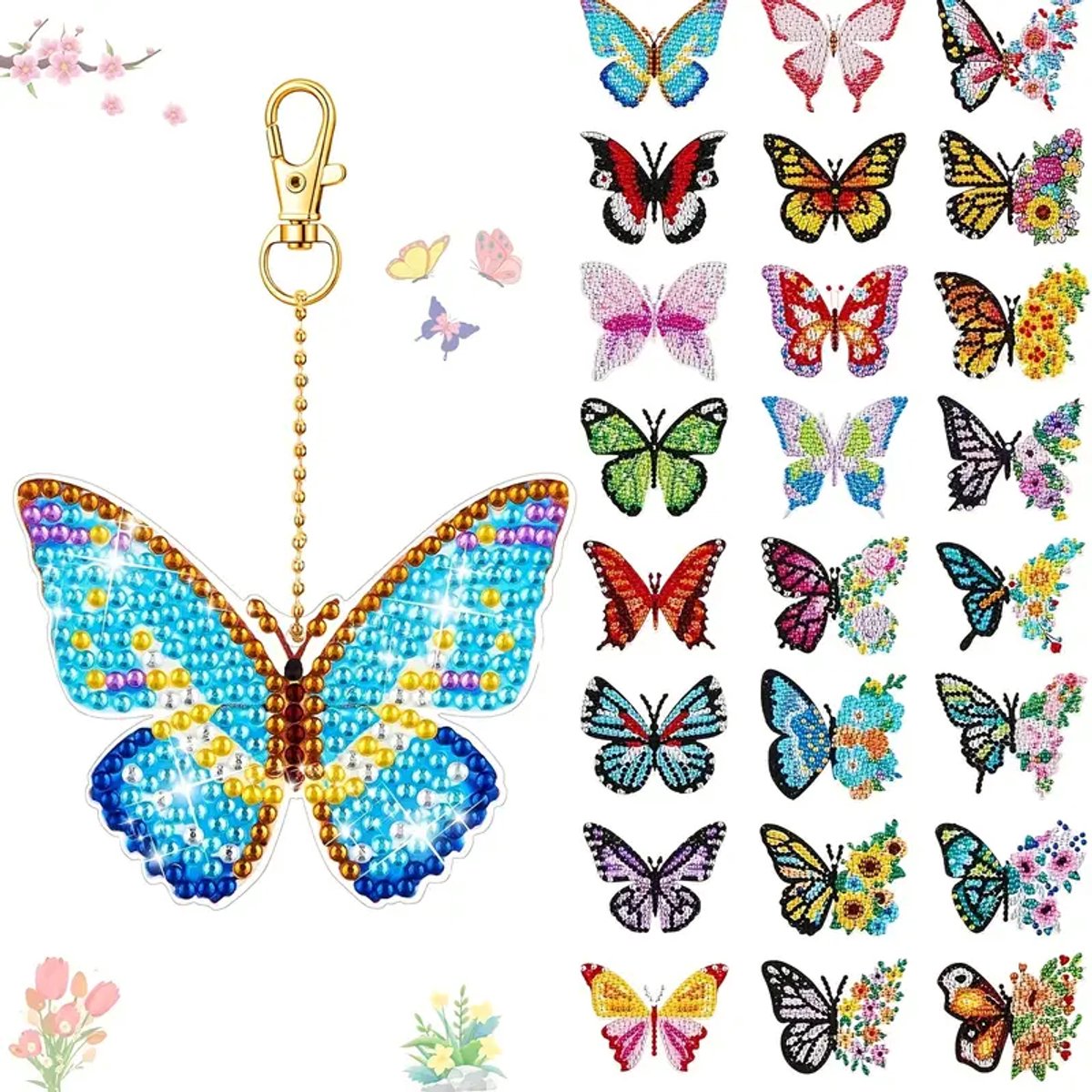 Diamond painting - sleutelhangers - vlinders - 24 stuks - ronde steentjes - volledig te beplakken - dubbelzijdig te beplakken