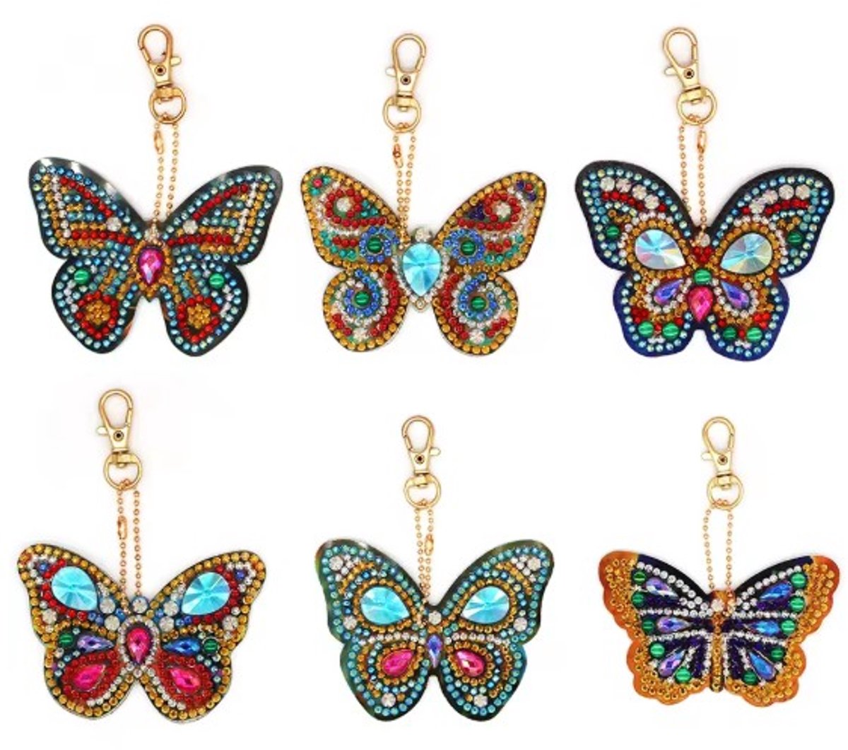 Diamond painting - sleutelhangers - vlinders - 6 stuks - ronde steentjes - volledig te beplakken - dubbelzijdig te beplakken