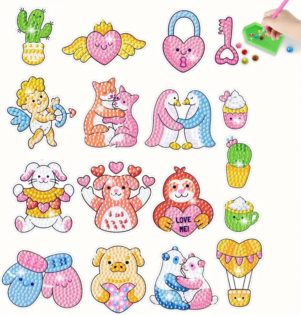 Diamond painting - stickers - dieren - 17 stuks - ronde steentjes - volledig te beplakken