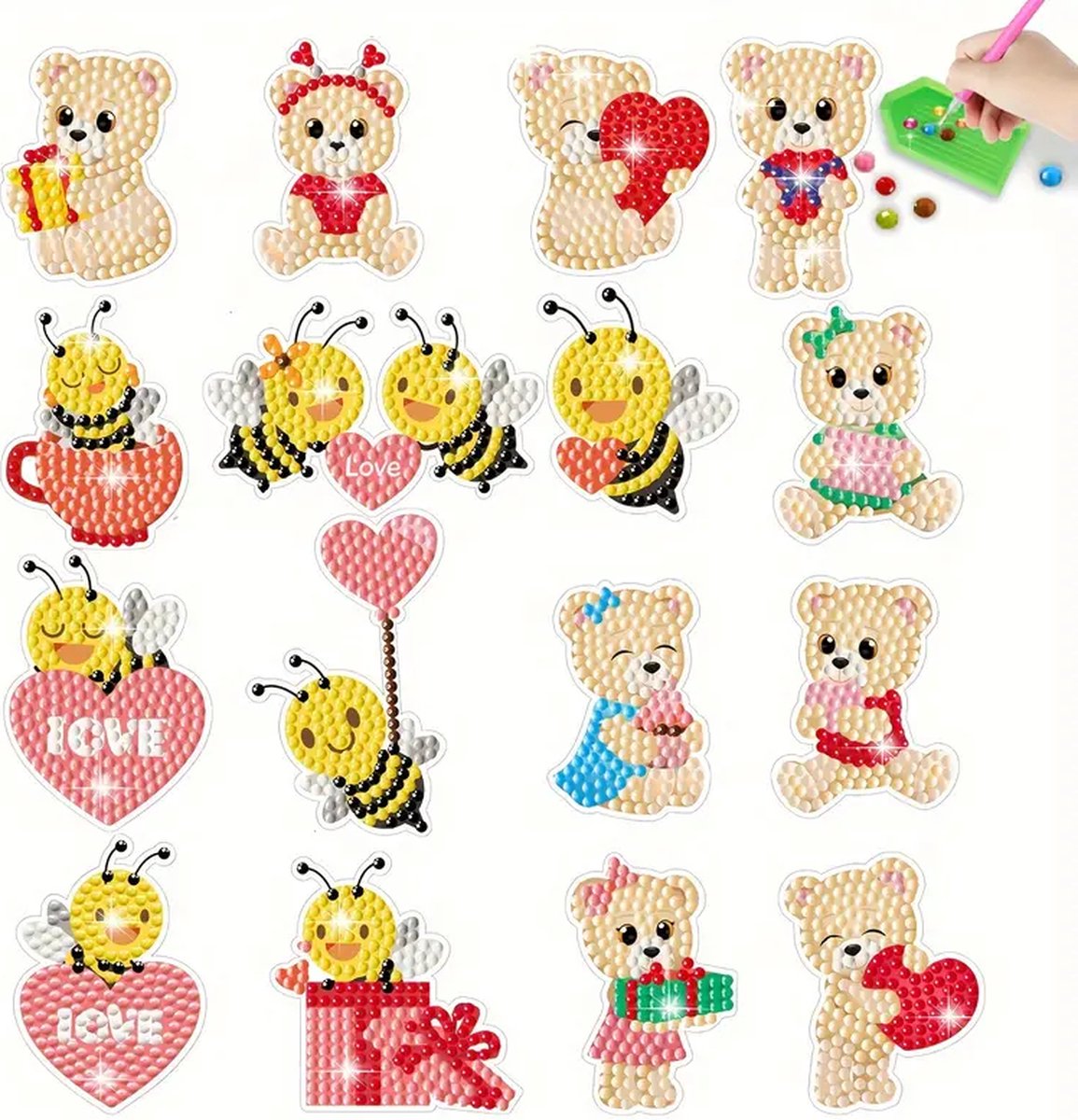 Diamond painting - stickers - love - beertjes - 16 stuks - ronde steentjes - volledig te beplakken