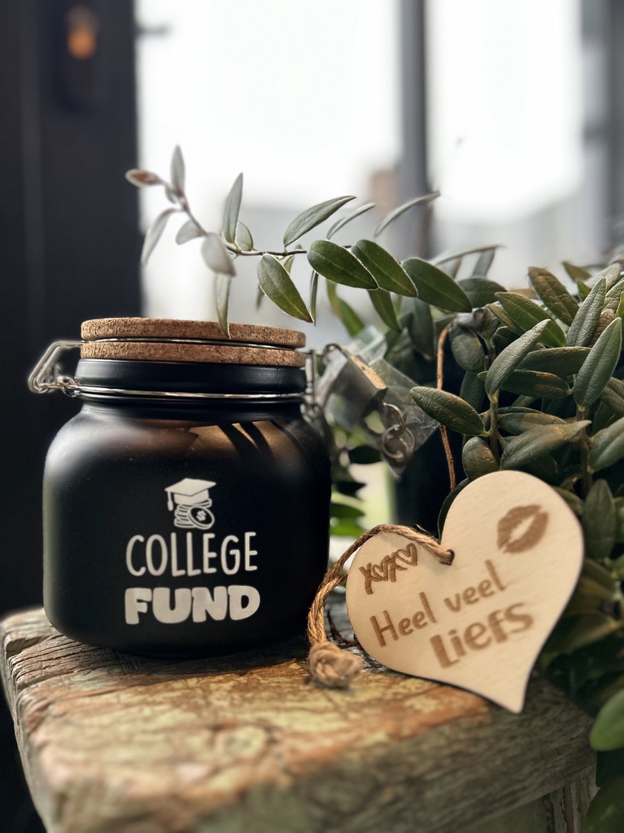 Creaties van Hier - Luxe Spaarpot met houten hartje - College fund - Glas