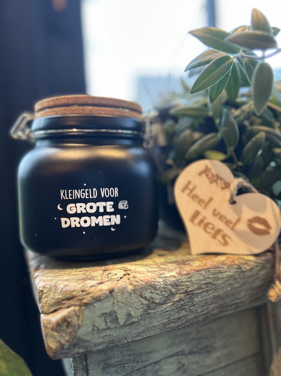 Creaties van Hier - Luxe Spaarpot met houten hartje - Grote Dromen - Glas