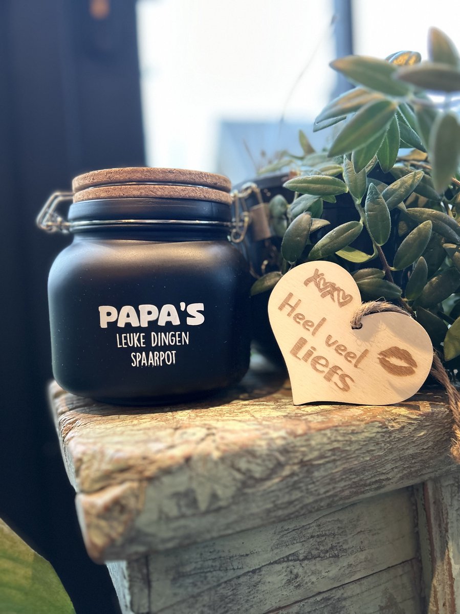 Creaties van Hier - Luxe Spaarpot met houten hartje - Papa - Glas