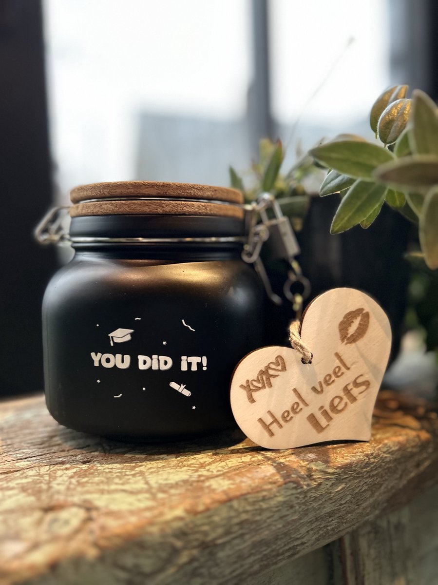 Creaties van Hier - Luxe Spaarpot met houten hartje - You did it - Glas