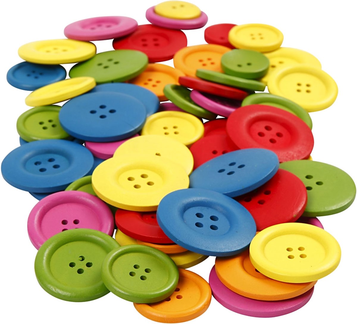 Houten knopen, d: 25-40 mm, kleuren assorti, 2-4 gaten, 144 assorti