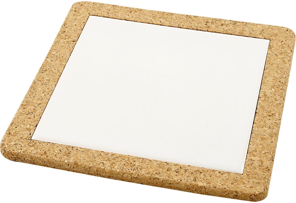 Onderzetter met lijst van kurk, buitenmaat 19x19 cm, binnenmaat 15x15x0,4 cm, 10 stuks, wit