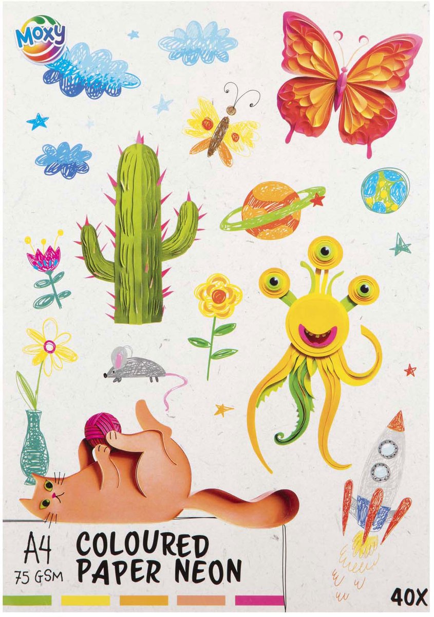 Gekleurd Papier fluor A4, 40 Vellen 5 Kleuren