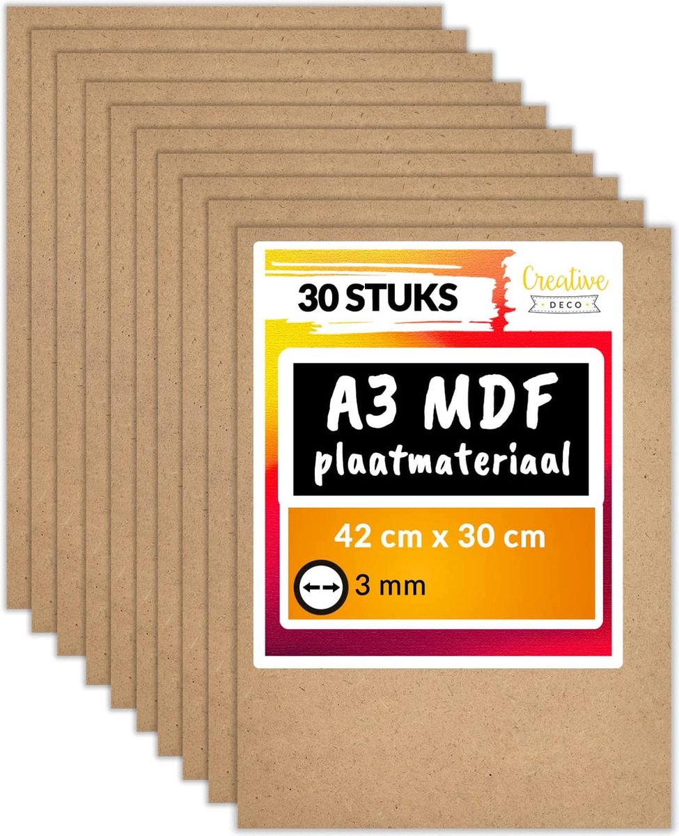 Creative Deco A3 MDF-Plaat – 420x300x3mm – 30 st., Lasersnijden, Freeswerk