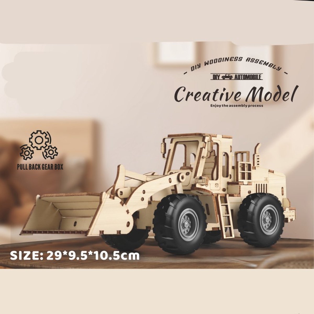 Bulldozer met Pull-Back Mechanisme Houten DIY Bouwvoertuig Modelbouw