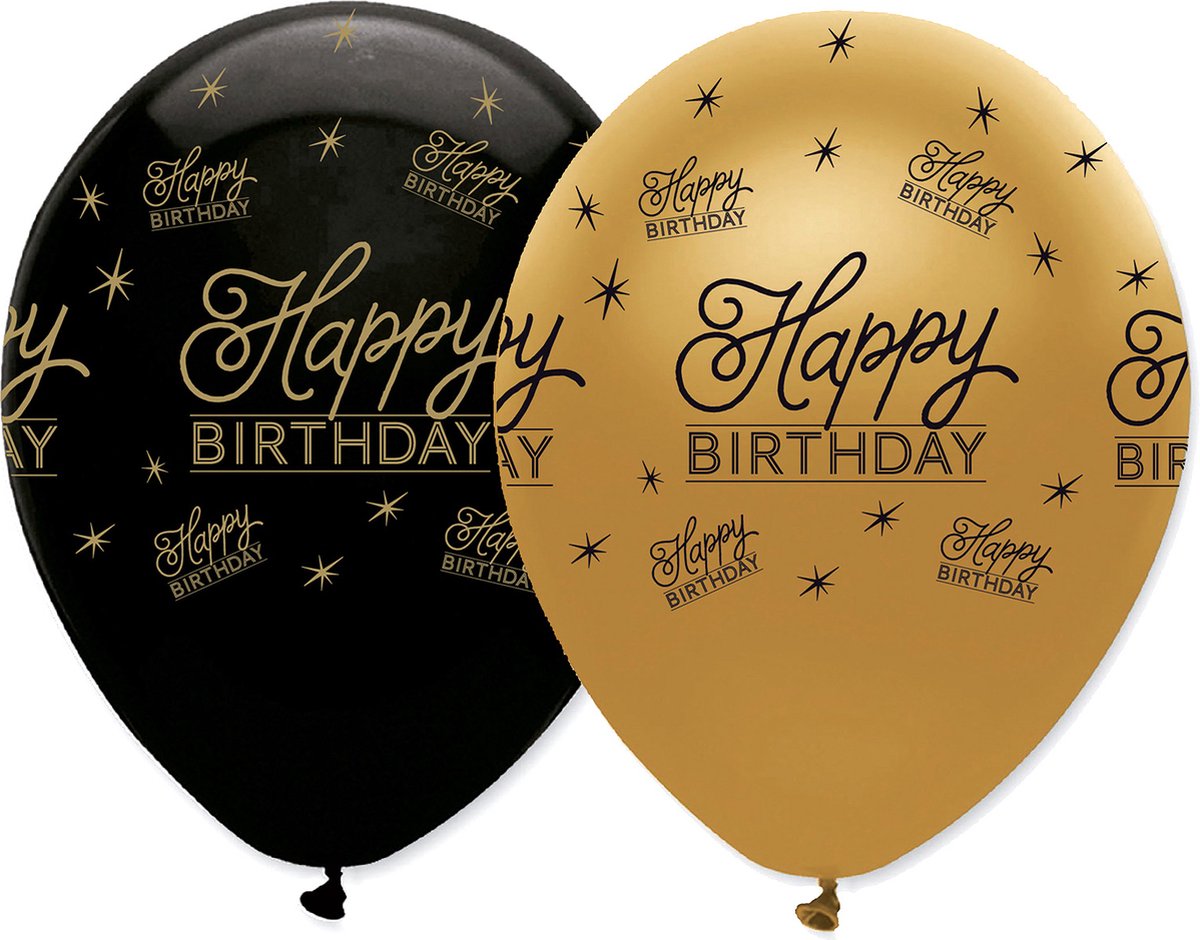 CREATIVE PARTY - 6 zwart en goud Happy Birthday latex ballonnen 30 cm
