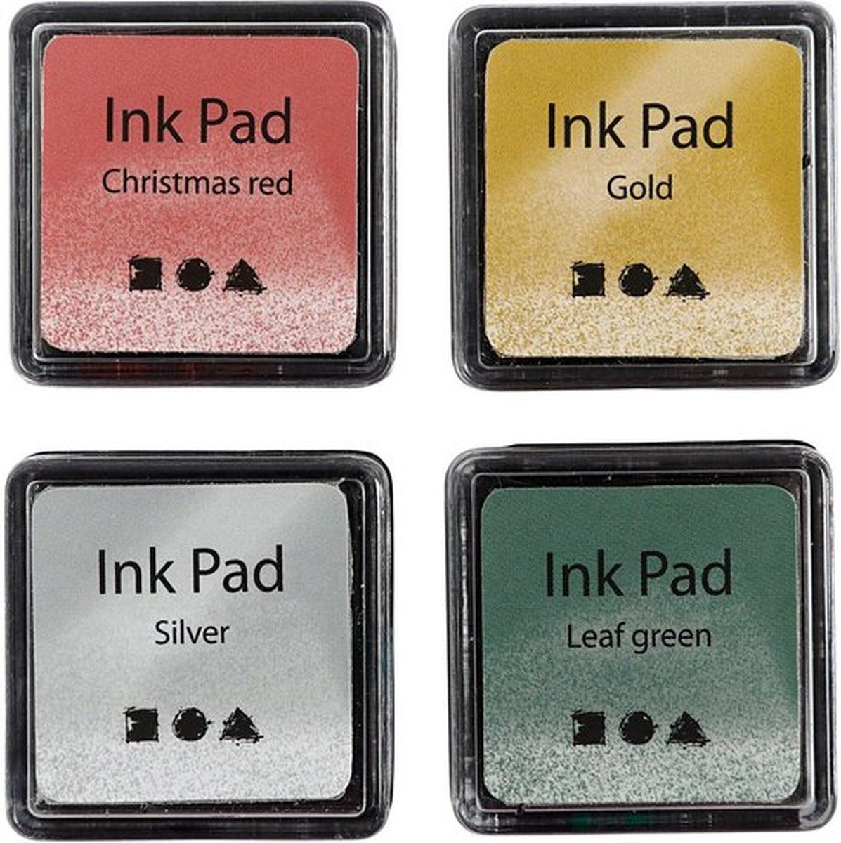 Stempelinkt, goud, lime groen, kerstrood, zilver, H: 2 cm, afm 3,5x3,5 cm, 4 stuk/ 1 doos