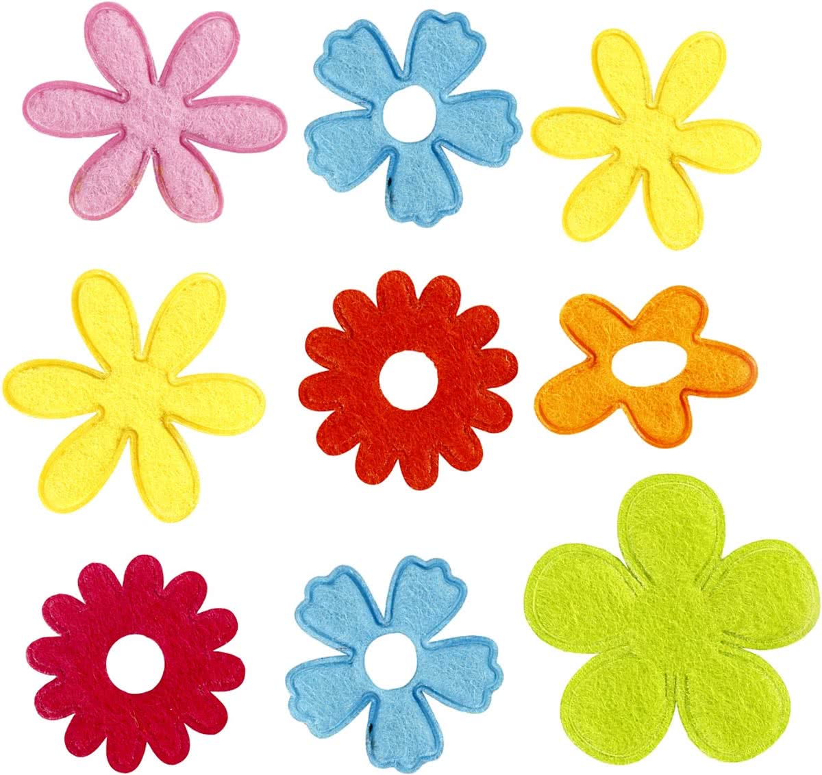 Bloemen van vilt, grootste maat 35x45 mm, 135 assorti