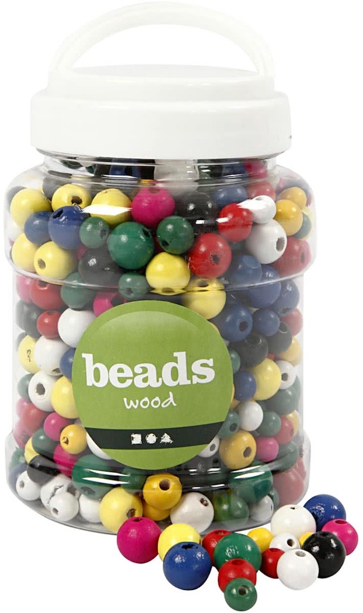 Houten kralen, d: 8+10+12 mm, kleuren assorti, 175 gr, 400 ml