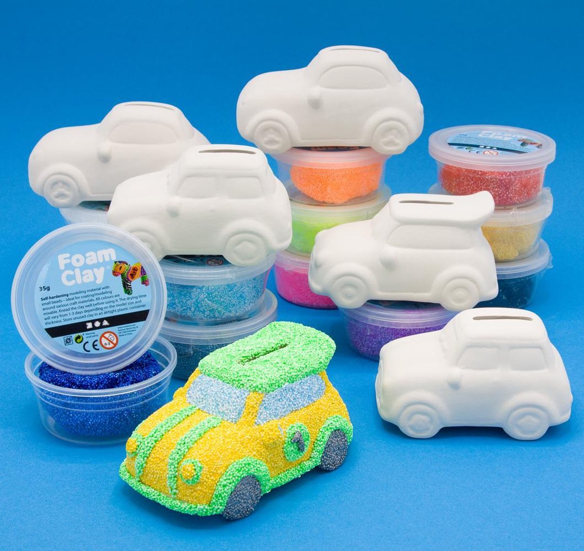 Knutselpakket Kinderfeestje - 6 x Spaarpot Auto versieren met Foam Clay