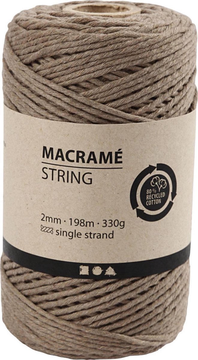Macramé  , lichtbruin, L: 198 m, d: 2 mm, 330 gr/ 1 rol