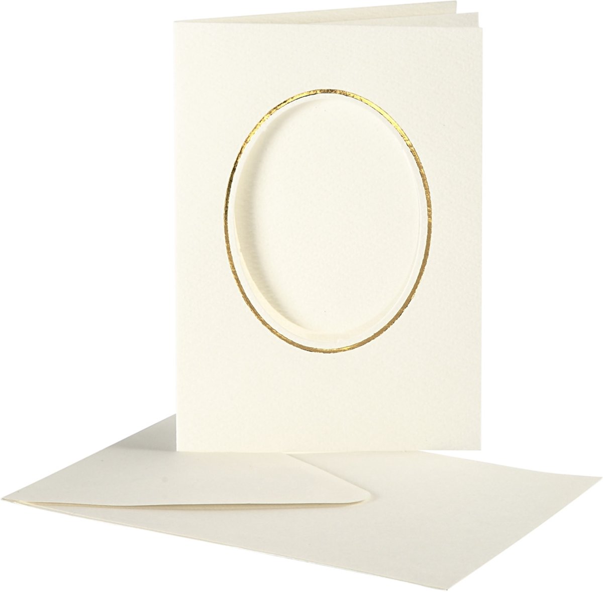 Passepartout kaarten , afmeting kaart 10,5x15 cm, gatgrootte 6,5x8,8 cm, off-white, ovaal met gouden rand, 10sets