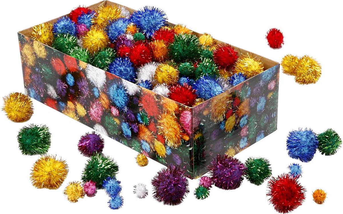 Pom-poms, d: 15-40 mm, glitter, 400 gr