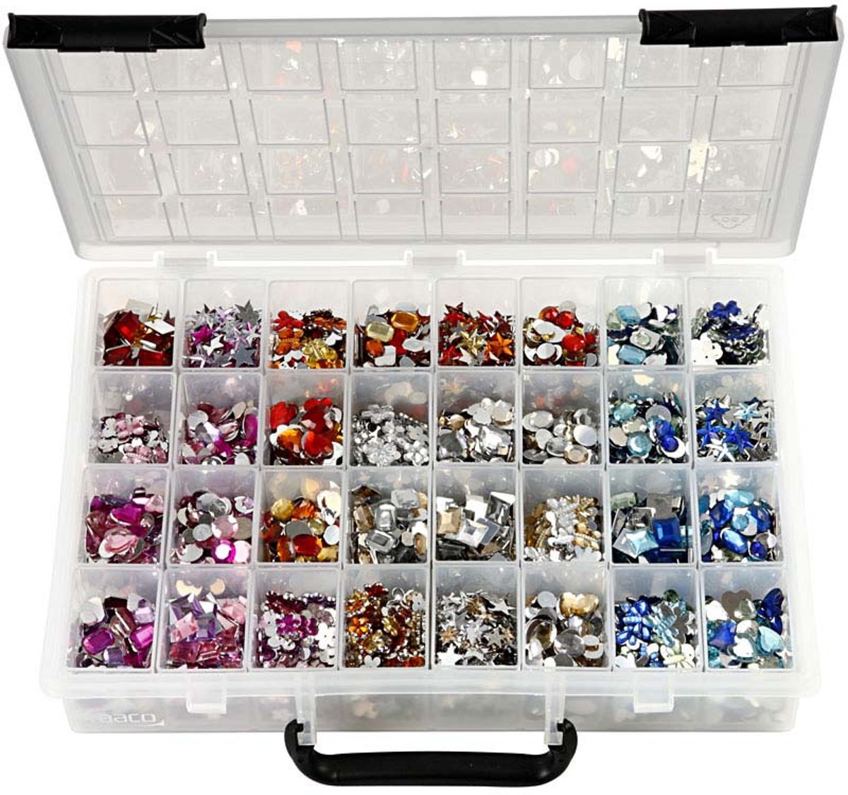 Strasstenen, d: 6-16 mm, kleuren assorti, incl. opslagdoos met 32 losse vakken, 32x360 stuks