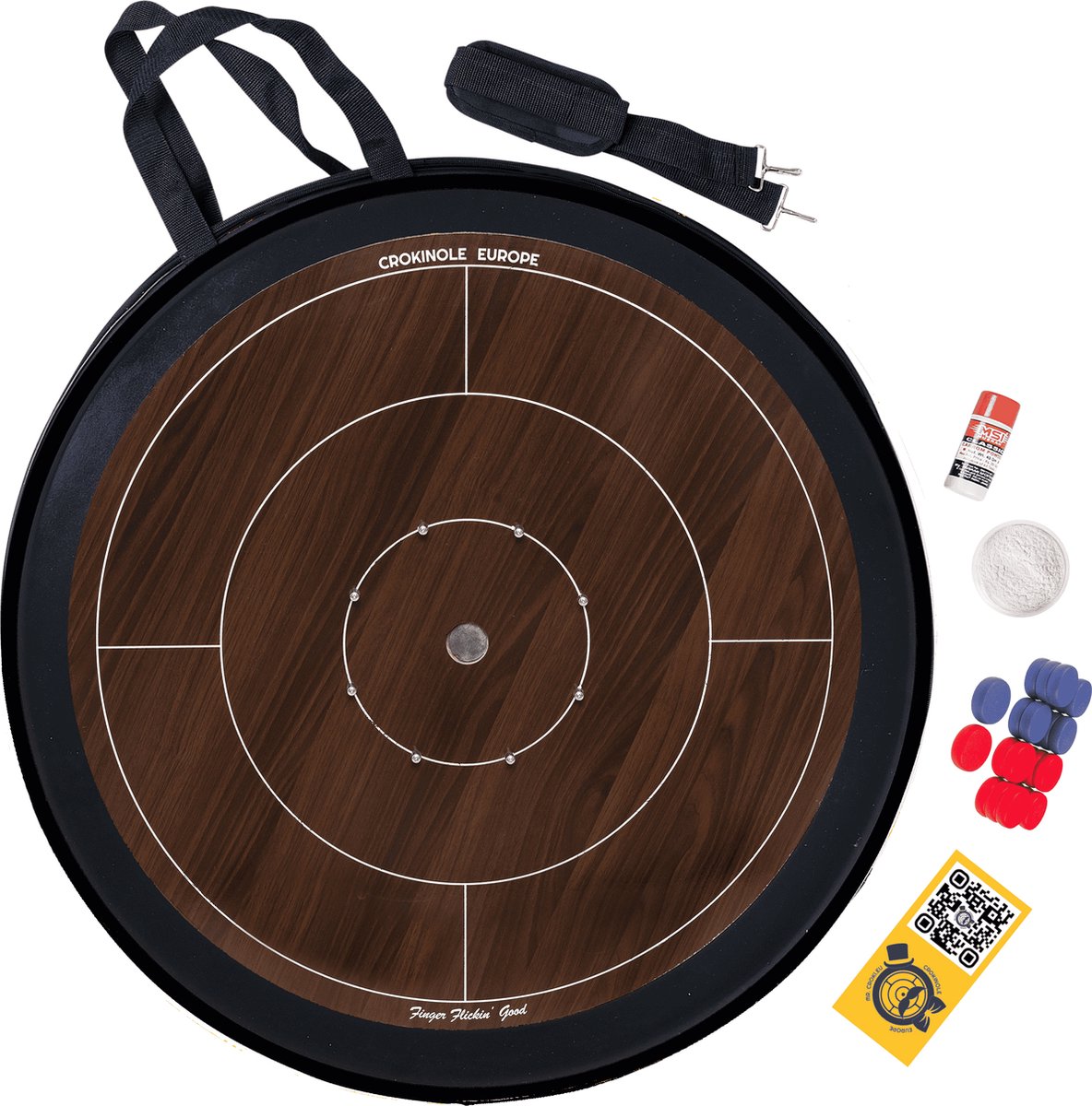 Crokinole Bordspel - Toernooibord, 26 Schijven, Carrompoeder & Tas - Strategisch Spel voor Familie en Vrienden + Wandmontage