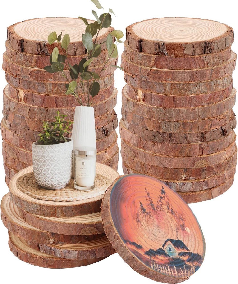 Crrynuo, 30 stuks houtsnippers - onafgewerkte natuurlijke houtsnippers - 6-7CM dikte 0,5CM, perfect voor knutselen Kerstversieringen DIY knutselen landelijke bruiloftsdecoraties