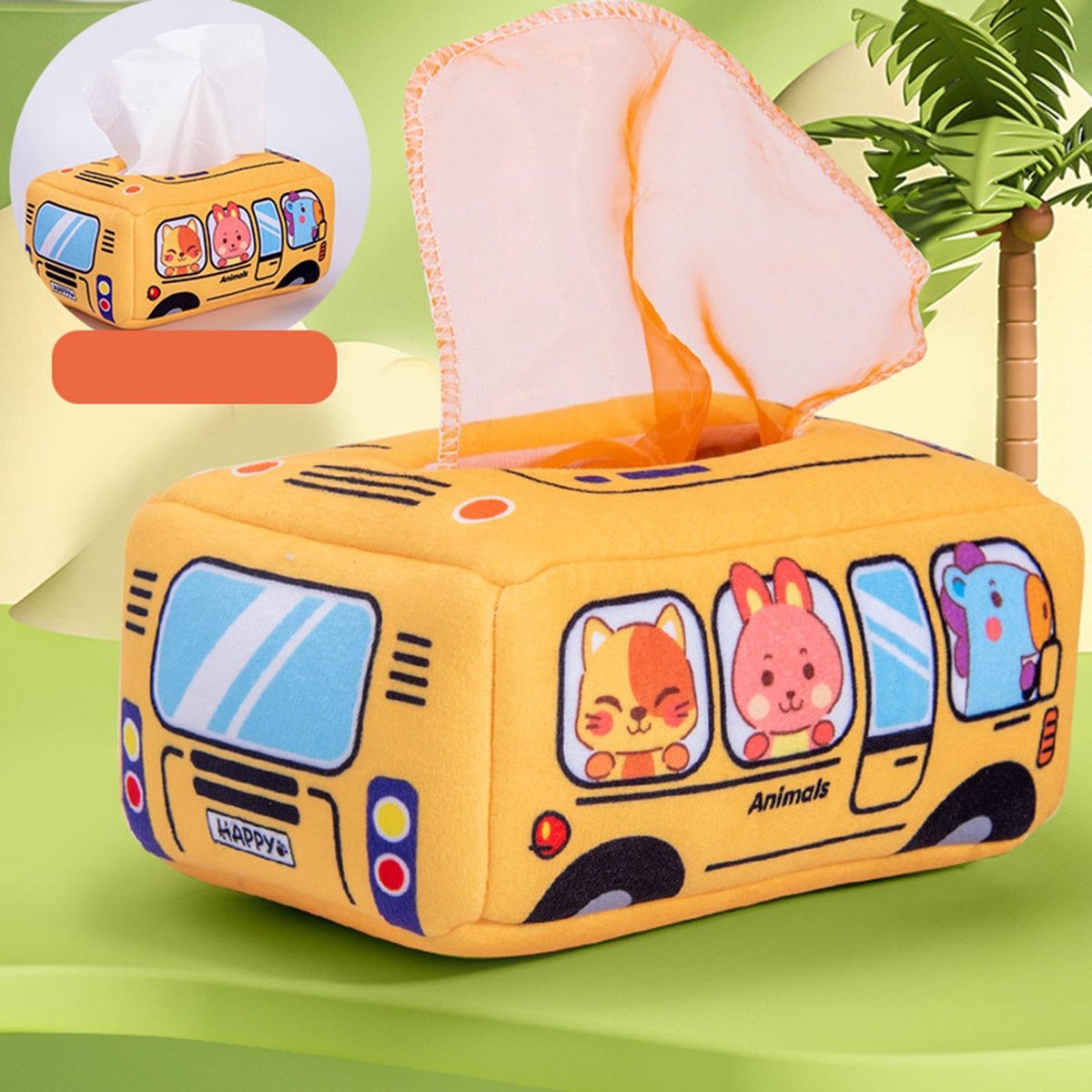 Crrynuo - Baby Tissuebox Speelgoed Set - 5 Sjaals + 3 Stofboeken - Bus Ontwerp - Kort Vilt - Geschikt voor 0-3 Jaar