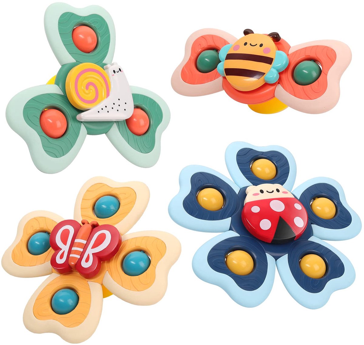 Crrynuo - Baby Zuignap Spinner Speelgoed - 4 Stuks - ABS en Voedselgrade Silicone - Insecten Ontwerpen - Geschikt voor 0-3 Jaar