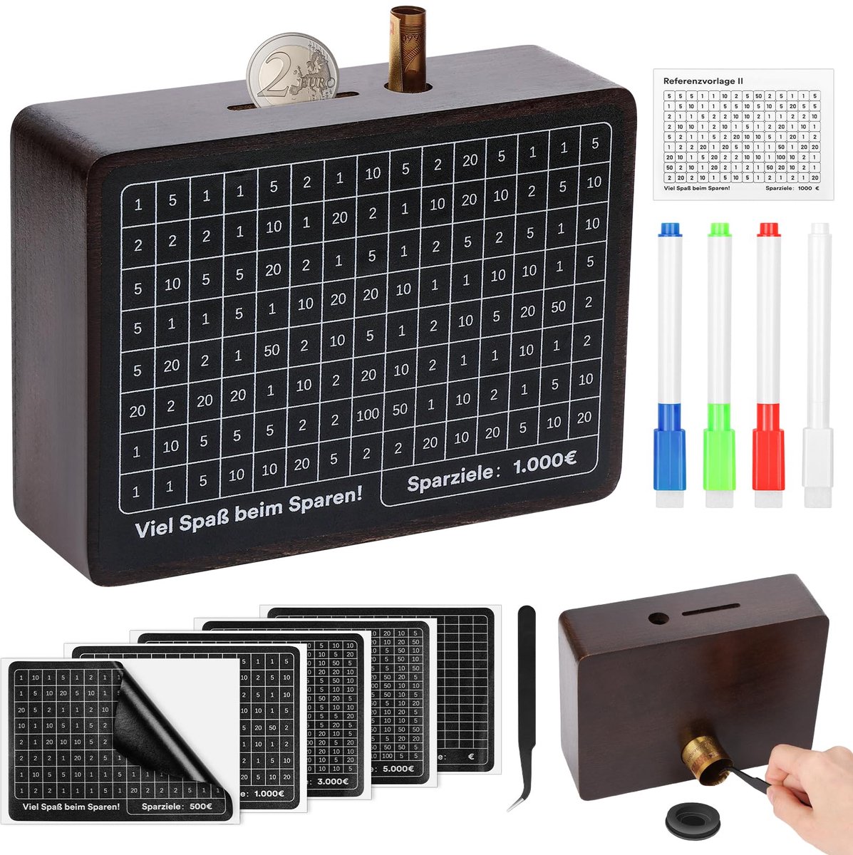 Crrynuo - Houten Spaarpot met Cijfercontrole - Naturel - Vierkant - Herbruikbaar - Tot €5.000 Spaardoel - Zwart