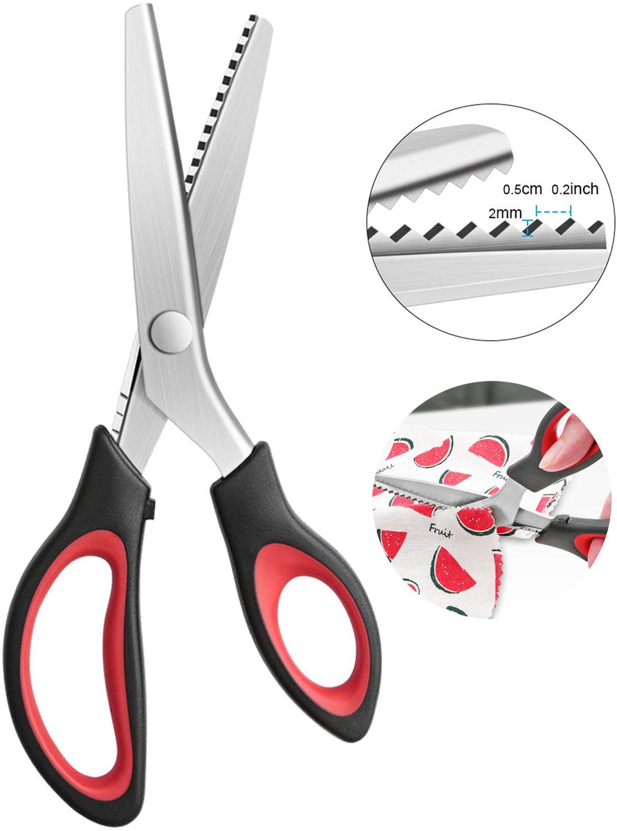 Crrynuo - Kantschaar - Gekartelde Stofschaar - Golvende Schaar - Zwart En Rood - 9 Inch - Roestvrij Staal - Professionele Snijding