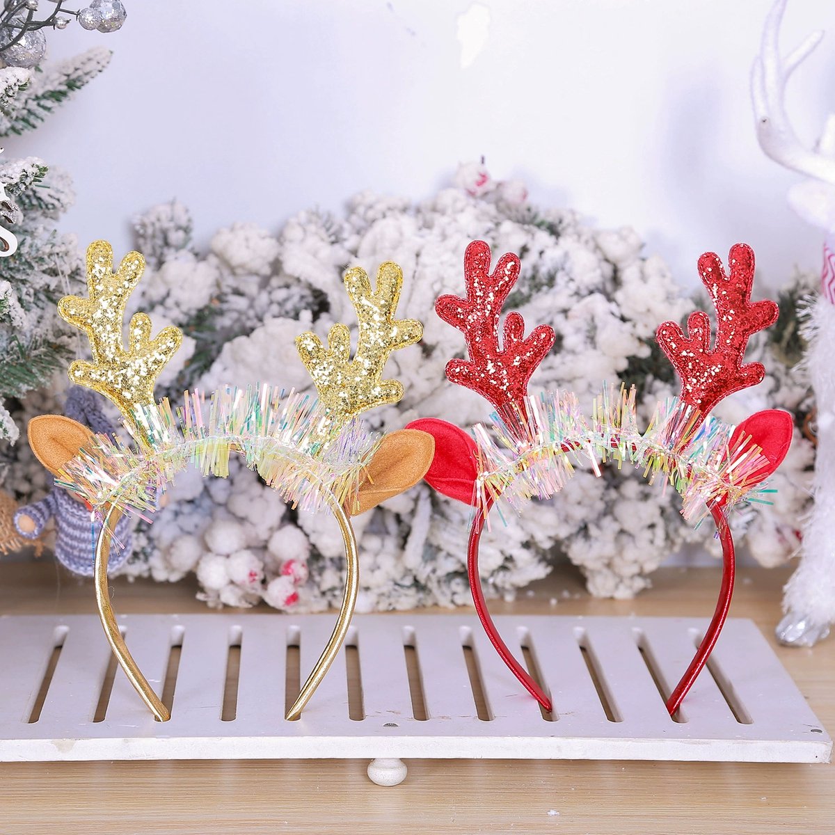 Crrynuo - Kerstdiadeem - Rendier Diadeem - Kerstdecoratie - Glimmerende Rendierhoornen Geverfd Diadeem 2 Stuks - 26 x 13 x 1,5 cm - Decoratief
