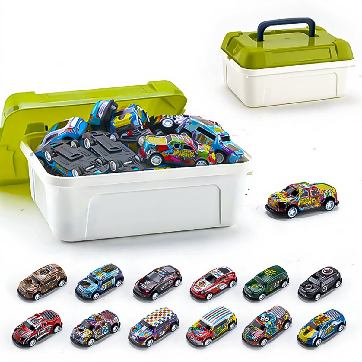 Crrynuo 30 Stuks - Trekauto Speelgoedset - Metalen Racewagens + Opslagemmer + Parkeerplaatsmat - Zonder Batterijen Speelgoedautos Voor Kinderen