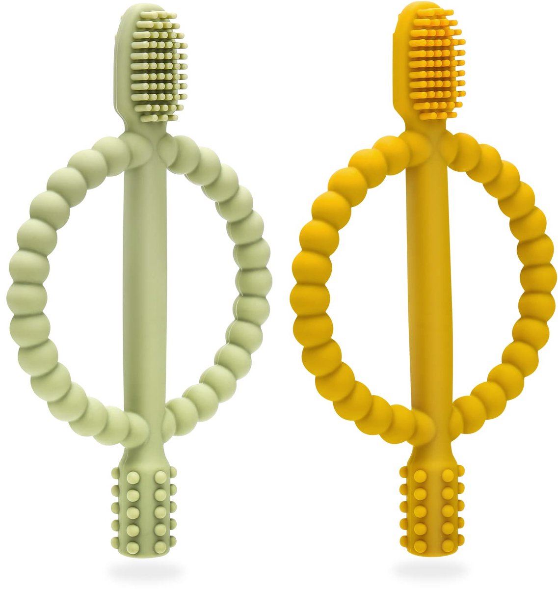 Crrynuo Baby Bijtspeeltjes- 2-pack Kindertandenborstel- Bijthulpmiddel- Siliconen Bijtring- BPA-vrij- Stimuleert en Masseert Pijnlijk Tandvlees-Geschikt voor Babys vanaf 3 Maanden (Geel en Groen)