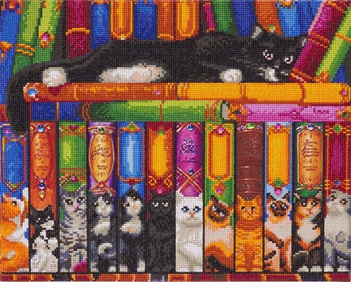 Diamond Painting Crystal Art Kit ® Cat Bookshelf, 40x50 cm