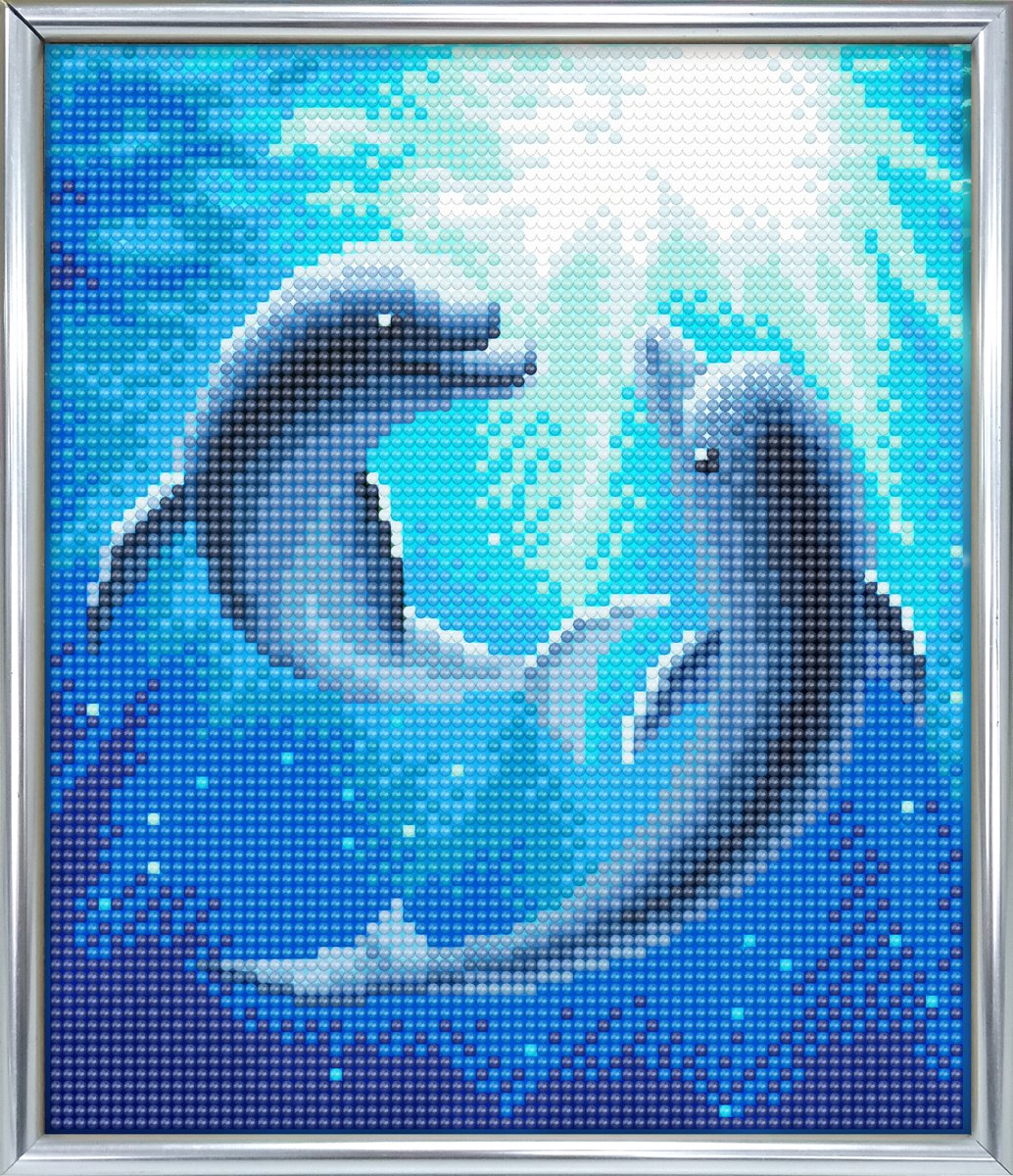 Diamond Painting Crystal Art Kit ® Dolphin Dance 21x25 cm incl. zilveren frame met standaard, full painting portait