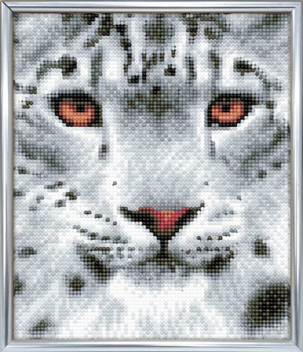 Diamond Painting Crystal Art Kit ® Snow Leopard 21x25 cm incl. zileveren frame met standaard, full painting portrait