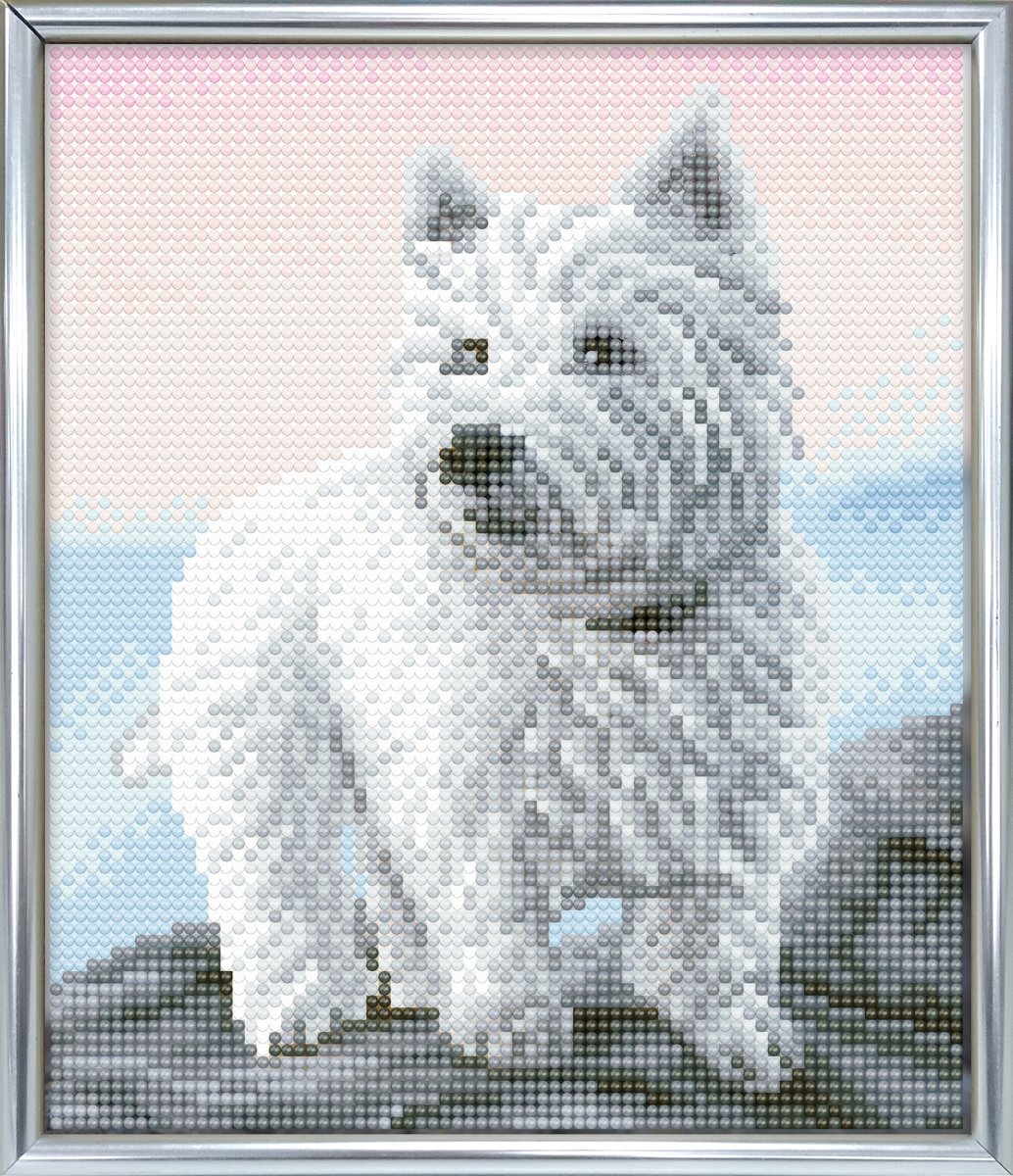 Diamond Painting Crystal Art Kit ® Westie 21x25 cm incl. zileveren frame met standaard, full painting portrait