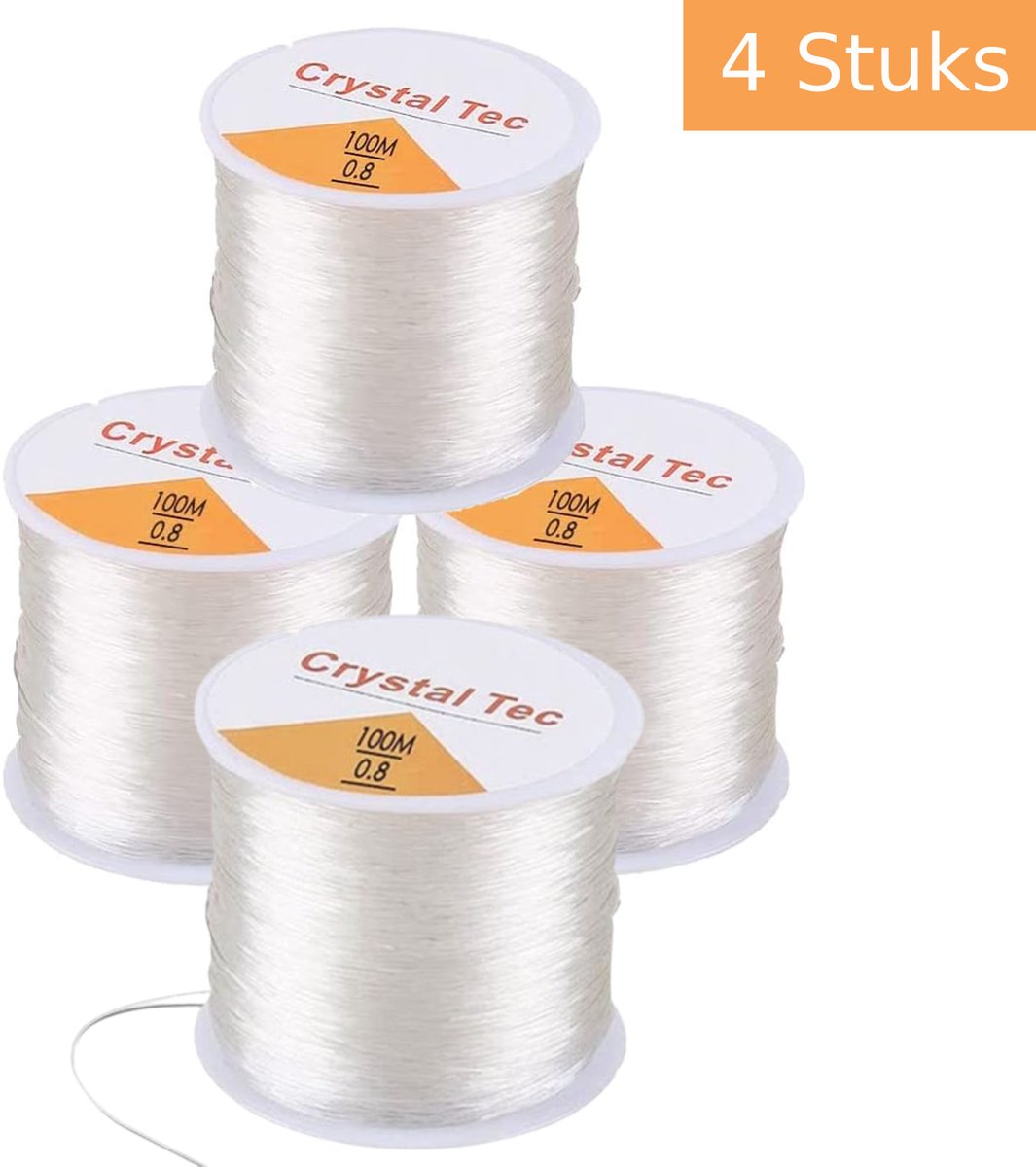 Nylon Draad 0,8 mm 4 Spoelen - Hobbydraad - Elastisch Draad Sieraden - Elastisch Koord 100 m - Elastiek voor Armbanden Maken Transparant - Rijgdraad voor Armbanden & Hobby