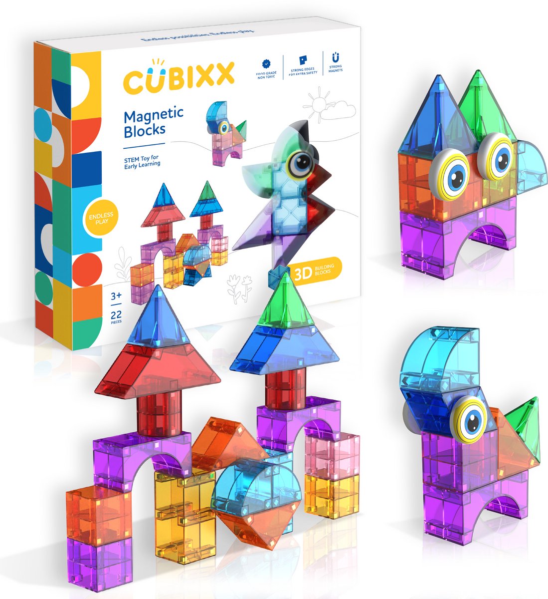 Cubixx 22pcs set - Magnetische Bouwstenen voor kinderen vanaf 3+ jaar, creatief educatief speelgoed in een 22-delige set, magnetisch constructiespeelgoed voor meisjes en jongens, Montessori STEM speelgoed, duurzaam en veilig
