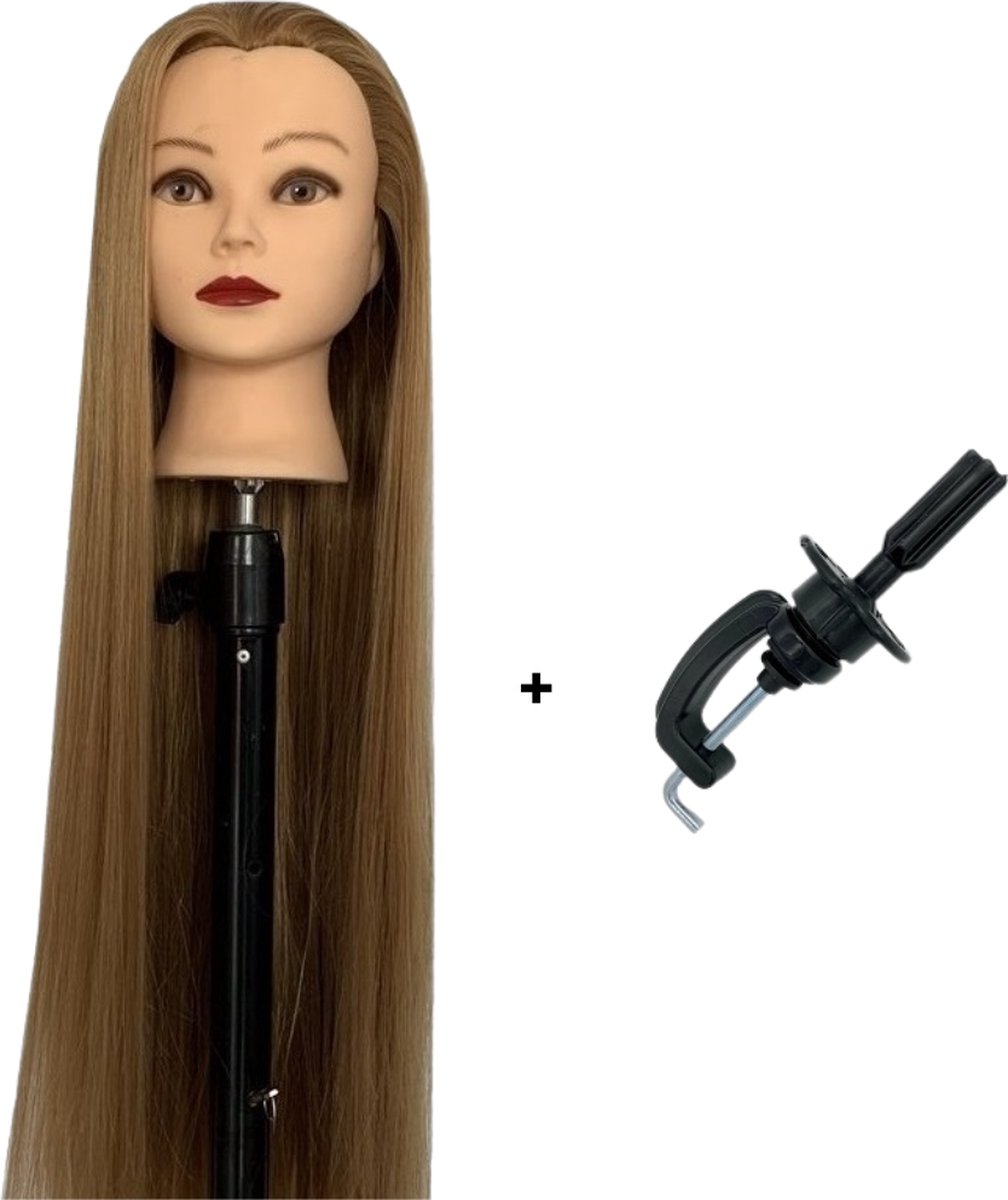 Currero Oefenhoofd Met Statief - Kappershoofd - Oefenpop Kapper - Goud Bruin Haar - 75 cm