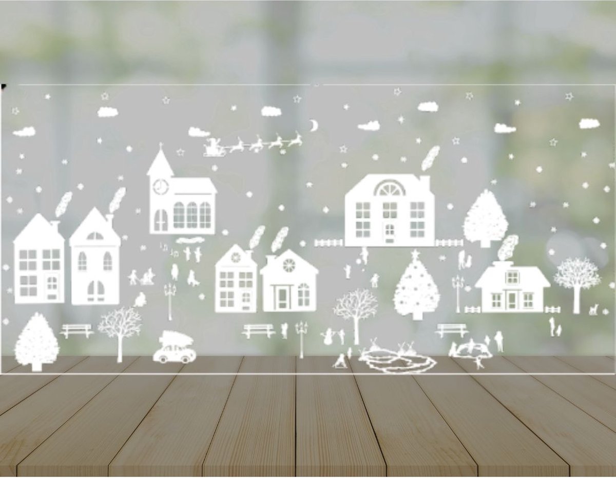 CustomsCrafts by Tasj - Herbruikbare Raamstickers - Basisstraatje Huisjes met uitbreiding Herfst, Sinterklaas, Winter, Kerstmis - Wit
