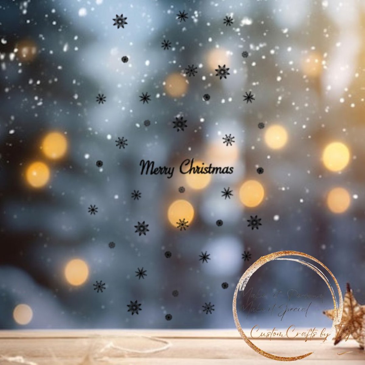 Herbruikbare Raamstickers Merry Christmas Sneeuwvlokken Zwart