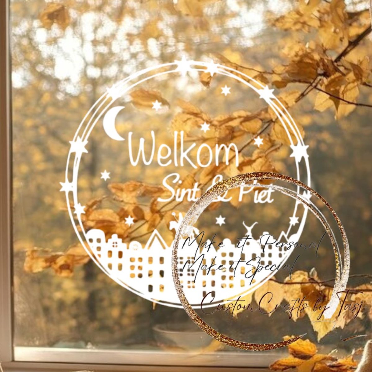 Herbruikbare Statische Raamstickers - Cirkel Welkom Sint & Piet - Wit