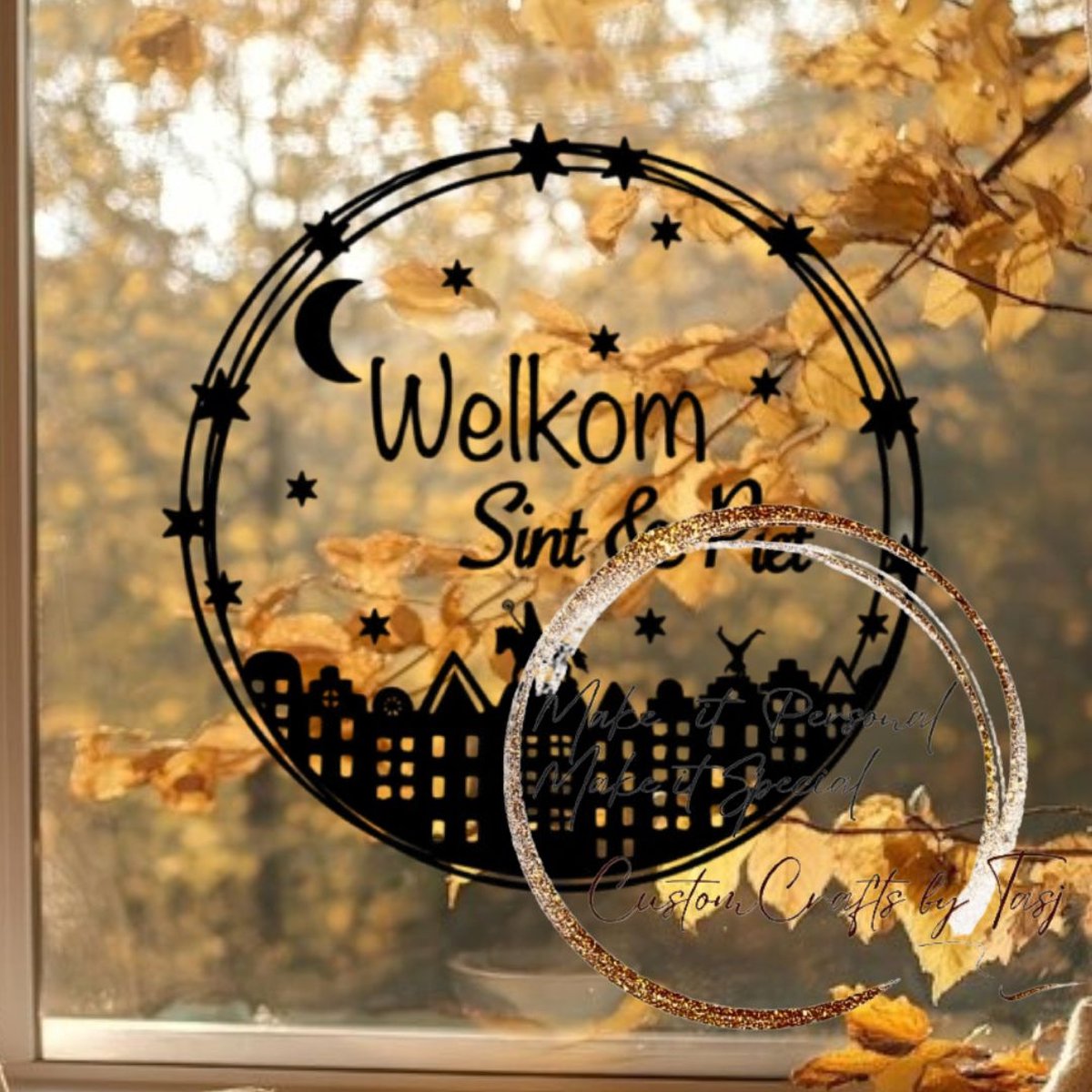 Herbruikbare Statische Raamstickers - Cirkel Welkom Sint & Piet - Zwart