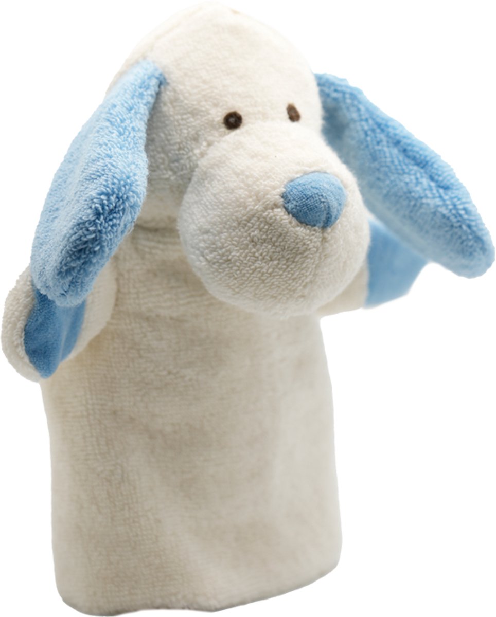 Cute since 1999 - Organische Handpop Blauwe hond - Dier knuffel - Handpop voor poppenkast - 26cm x 20cm